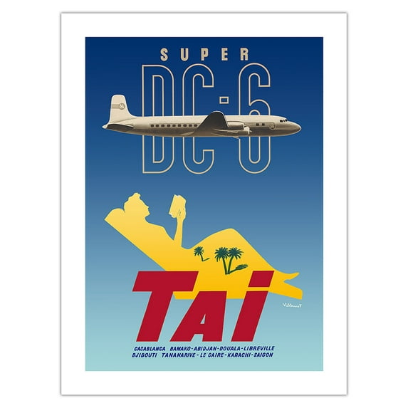 Douglas Super DC-6 - TAI Airline - Vintage Airline Travel Poster by Bernard Villemot c.1950s - Fine Art Matte Paper Print (Unframed) 24x32in