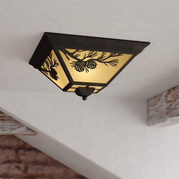 Douglas Warm Bronze Rustic Outdoor Flush Mount Ceiling Light Pine Cone Motif Amber Glass