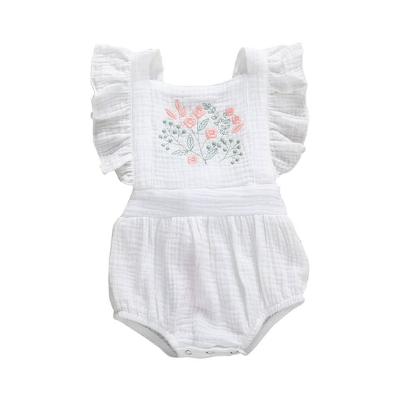 Douhoow 0-18M Newborn Girl Jumpsuit Cotton Ruffle Sleeve Sunsuit Embroidery Flowers Bodysuit