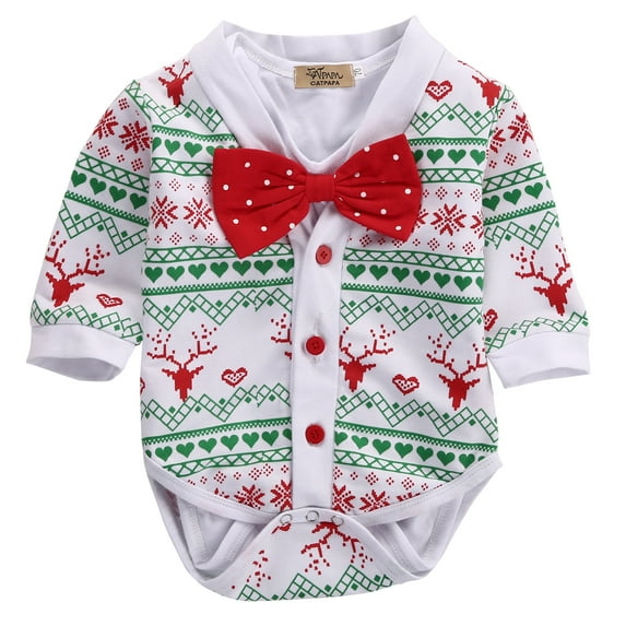 Douhoow 0-18m Baby Boy Christmas Romper Polka Dot Bow Decoration Short Sleeve Jumpsuit
