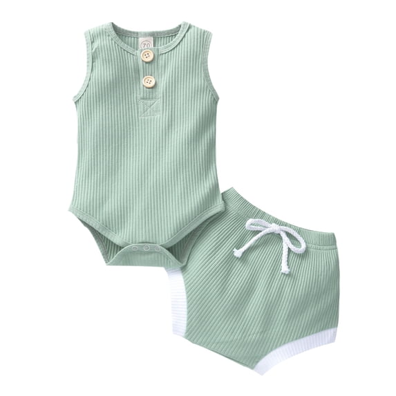 Douhoow 0-24M Baby Ribbed Clothes Set Summer Sleeveless Button Round Neck Romper Elastic Shorts