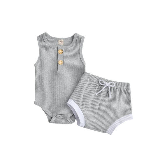 Douhoow 0-24M Baby Ribbed Clothes Set Summer Sleeveless Button Round Neck Romper Elastic Shorts