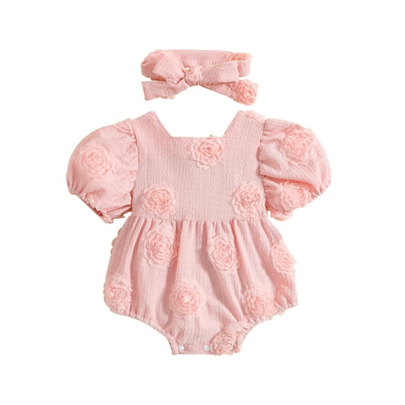 Douhoow 0-24M Infant Girls Floral Romper Baby Princess Short Sleeve Jumpsuit with Headband