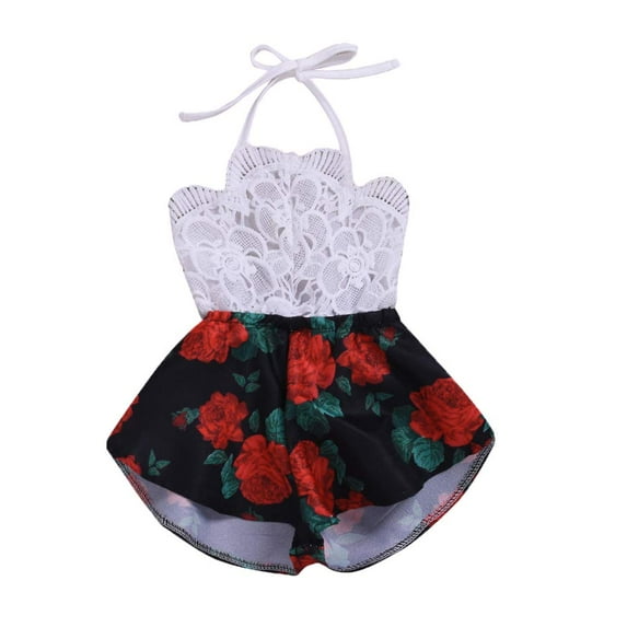 Douhoow 0-3Y Baby Girl Romper Infant Sleeveless Belt Lace Flowers Print Short Jumpsuit Sunsuit