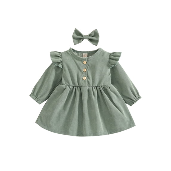Douhoow 0-4 Years Kid Girls Corduroy Dress Baby Long Sleeve Ruffles Button Dresses