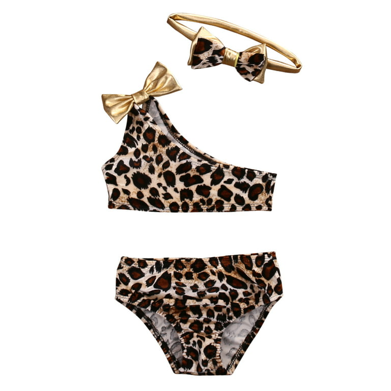 Douhoow 0-8 Years Girls Swimsuit Leopard Bow Bikini Set One Shoulder  Swimwear Bathing Suit
