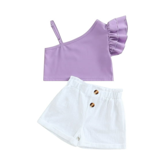 Douhoow 1-6 Years Girl 2Pcs Summer Outfits, Ruffle Sleeve One Shoulder Tops + Shorts Set