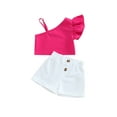 thumbnail image 1 of Douhoow 1-6 Years Girl 2Pcs Summer Outfits, Ruffle Sleeve One Shoulder Tops + Shorts Set, 1 of 9