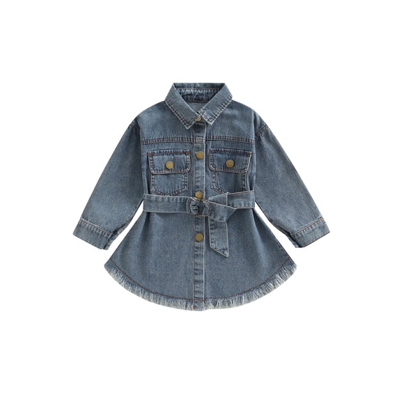 Douhoow 1-6 Years Toddler Girl Denim Dress Kid Blue Long Sleeve Single-breasted Short Dress with Waistband