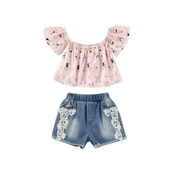 Douhoow 1-6Y Girls Summer Clothing Set Children Girls Rabbit Print Off Shoulder Tops+Denim Shorts