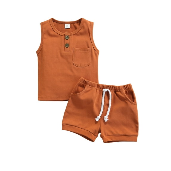 Douhoow 2 Pcs Baby Boys Summer Outfits Infant Solid Color Round Neck Tank Tops + Drawstring Shorts