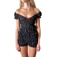 thumbnail image 1 of Douhoow 2 Piece Women Loungewear Summer Short Sleeve Off Shoulder Ruched T-Shirts Solid Color Plaid Shorts, 1 of 7