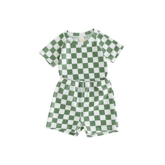 Douhoow 2 Pieces Swimsuit for Toddler Boys Checkerboard Print Short Sleeve Tops Swim Shorts 0-4 Years Beach Swimwear Summer Bathing Suit