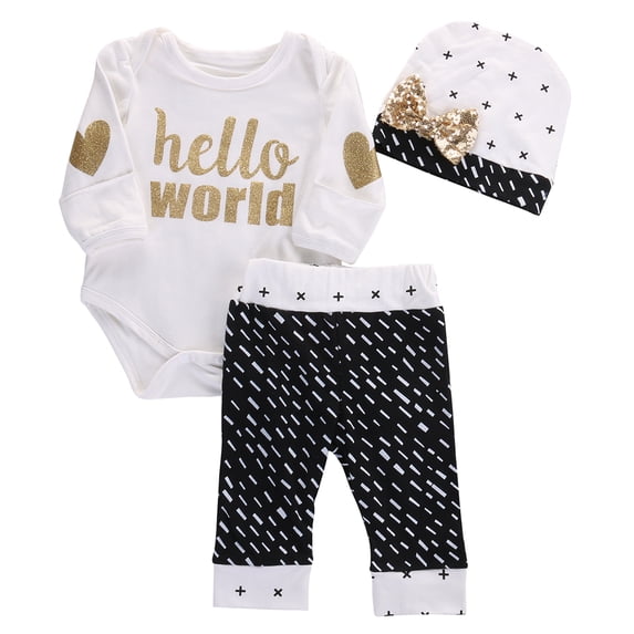 Douhoow 2PCS Newborn Baby Clothes Set Long Sleeve Letter Print Romper Pants Sequin Bow Hat
