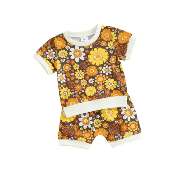 Douhoow 2Pcs Baby Girls Summer Clothes Sets Kids Casual Outfits Floral Print Short Sleeve T-shirts+Pocket Shorts