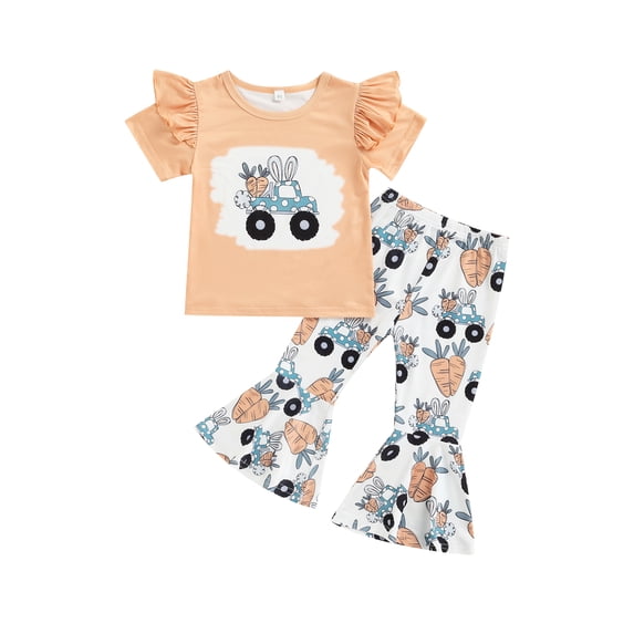 Douhoow 2Pcs Toddler Girl Easter Outfits Kid Short Sleeve Bunny T-Shirts Carrot Flared Pants