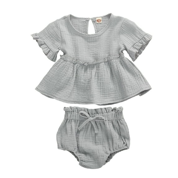 Douhoow 2pcs Infant Baby Girls Clothes Set Cotton Solid Ruffles Short Sleeve T Shirts Tops+Shorts