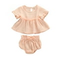 thumbnail image 1 of Douhoow 2pcs Infant Baby Girls Clothes Set Cotton Solid Ruffles Short Sleeve T Shirts Tops+Shorts, 1 of 8