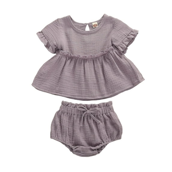 Douhoow 2pcs Infant Baby Girls Clothes Set Cotton Solid Ruffles Short Sleeve T Shirts Tops+Shorts