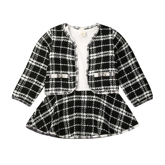 Douhoow 2pcs Toddler Girl Autumn Clothes Long Sleeve Patchwork A-Line Short Dress+Plaid Coat