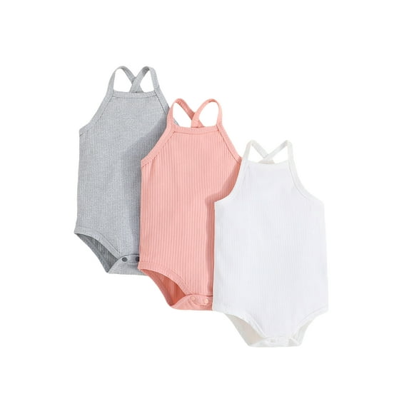 Douhoow 3 Pack Baby Girl Ribbed Rompers Summer Spaghetti Strap Back Cross Bodysuits 0-24 Months