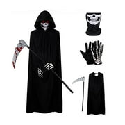 Douhoow Adult Halloween Grim Reaper Costume,Hooded Cloak+Skull Neck Gaiter+Gloves+Scythe Set