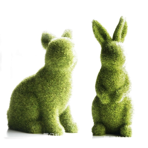 Douhoow Artificial Moss Rabbit Resin Flocked Sculpture Easter Animal Statue Garden Ornament