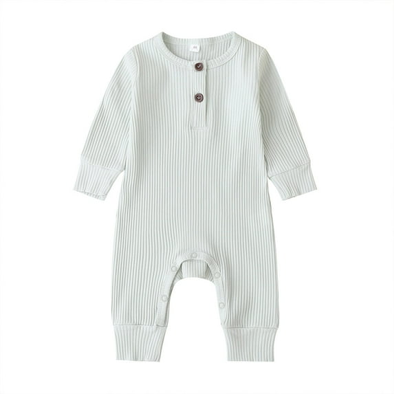 Douhoow Baby Boy Girl Button Romper Infant One Piece Solid Color Knit Ribbed Long Sleeve Jumpsuit