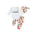 thumbnail image 1 of Douhoow Baby Boy Halloween Clothes Set 3 6 12 18 Months Newborn Boys Letters Print Long Sleeve Crew Neck Romper Pumpkin Print Long Pants Hat 3PCS Infant Fall Outfits, 1 of 8