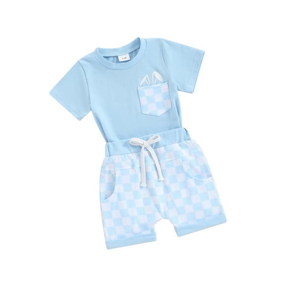 Douhoow Baby Boys Short Sleeve Crew Neck T-Shirt Plaid Shorts 2Pcs Summer Clothes Set 0-3 Yaers