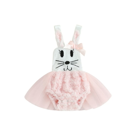 Douhoow Baby Girl Easter Bunny Rompers Infant Sleeveless Fuzzy Tulle Jumpsuits
