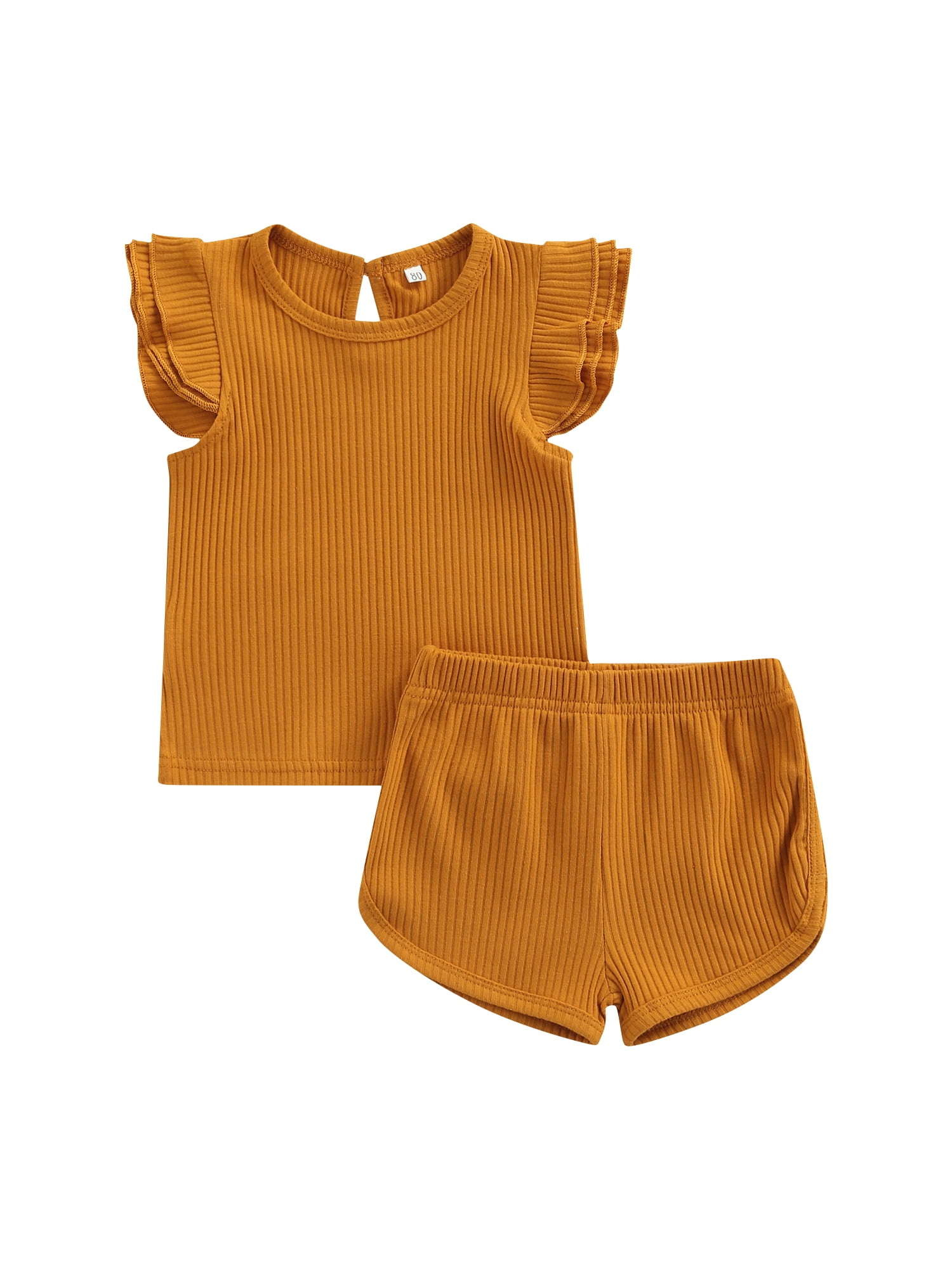 Douhoow Baby Girl Summer Set Solid Color Ribbed Flying Sleeve Tops+High