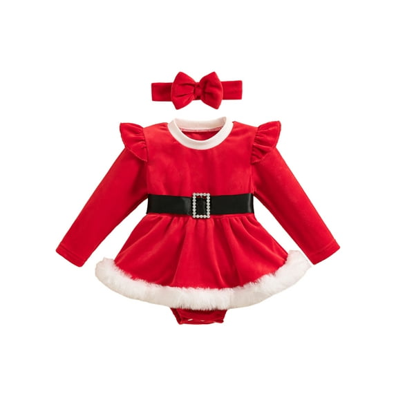 Douhoow Baby Girls Christmas Santa Claus Dress Infant Ruffle Long Sleeve Red Romper Dress with Headband 0-24 Months