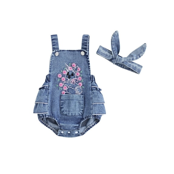 Douhoow Baby Girls Denim Rompers 6M 12M 18M 24M Flower Rabbit Embroidery Bodysuits Infant Sleeveless Straps Easter Jumpsuit Headband