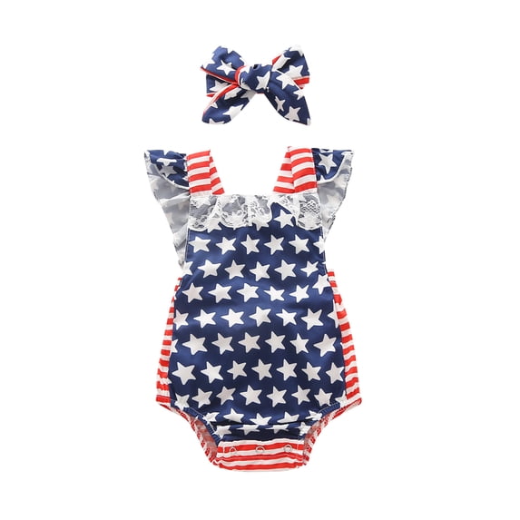 Douhoow Baby Girls Independence Day Outfits Ruffled Square Neck Romper Striped Jumpsuit Headband