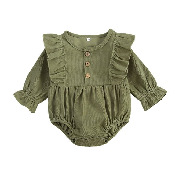Douhoow Baby Girls Romper Solid Color Round Neck Ruffles Long Sleeve Bodysuit Jumpsuit 0-18M