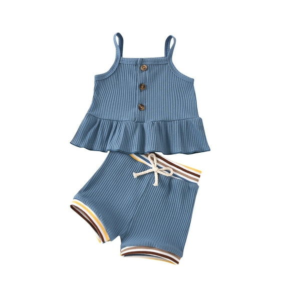 Douhoow Baby Girls Summer Outfit Sets Solid Color Sleeveless Ruffle Hem Ribbed Sling Vest Shorts