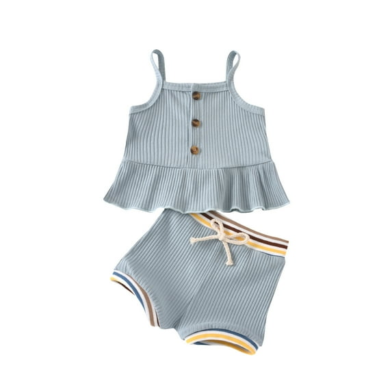 Douhoow Baby Girls Summer Outfit Sets Solid Color Sleeveless Ruffle Hem Ribbed Sling Vest Shorts