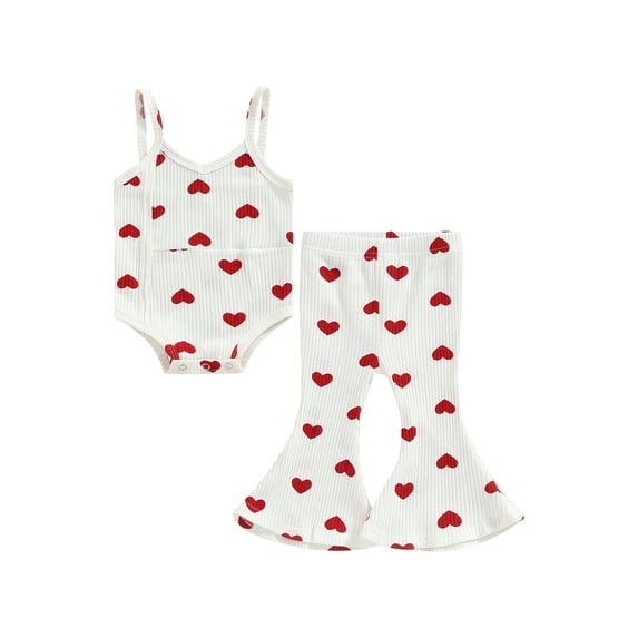 Douhoow Baby Girls Valentine's Day Clothes Sets Ribbed Heart Print Sleeveless Bodysuits+Flare Pants