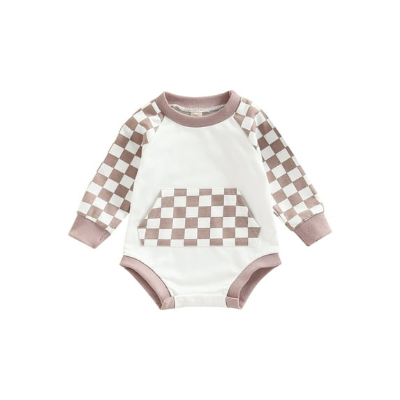 Douhoow Baby Long Sleeve Romper Infant Plaid Patchwork Front Pocket Playsuit Casual Bodysuit