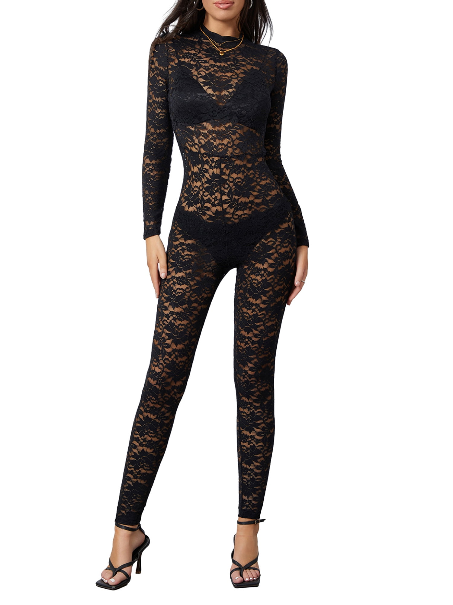 Douhoow Black Sheer Lace Bodysuits for Women Long Sleeve
