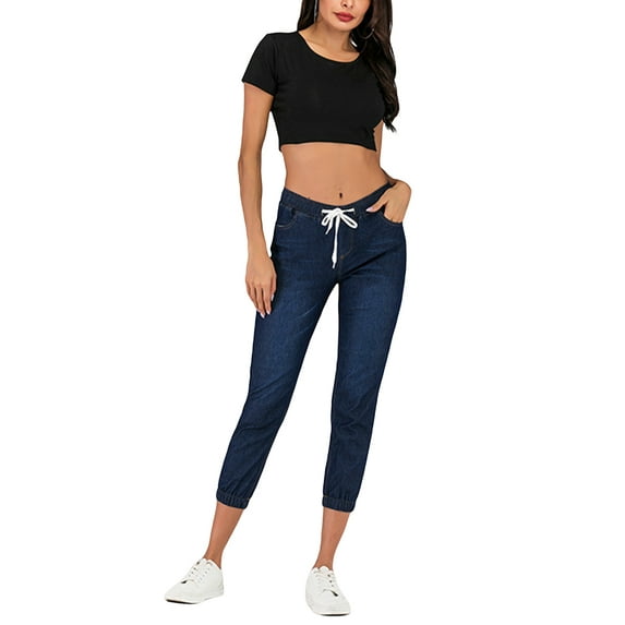 Douhoow Casual Jeans for Women Leggings Skinny Pencil Jeans Mid Waist Denim Drawstring Pants S-5XL