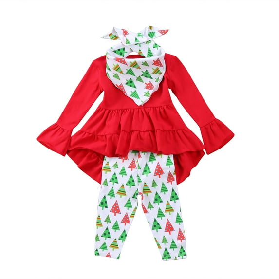 Douhoow Christmas Toddler Girl Clothes Ruffles Irregular Tops Long Pants Scarf 3PCS Clothing Set
