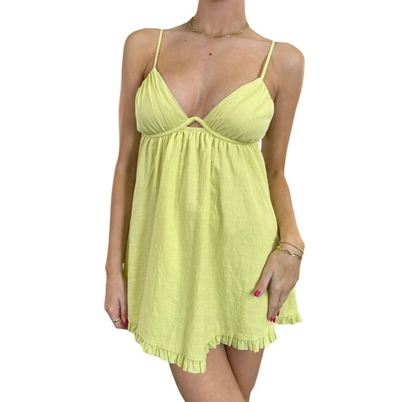 Douhoow Deep V Neck Dress for Women Fairy A Line Flowy Mini Dress Solid Color Backless Short Dress