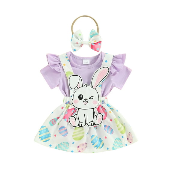 Douhoow Easter Baby Girl Clothes Sets 0-18M Infant Short Sleeve Romper Rabbit Suspender Skirts Headband