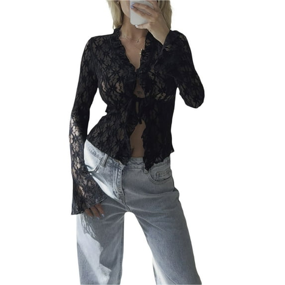 Douhoow Elegant Women Lace Floral Tops Summer Long Sleeve Tie Front Sheer Slim Crop Cardigan