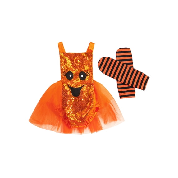 Douhoow Halloween Baby Girls Romper Infant Cartoon Sequins Sleeveless Bodysuit+ Striped Leg Warmers