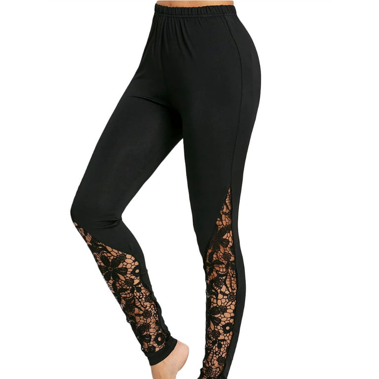 Douhoow High Waist Leggings for Women Floral Lace Side Panel Cut Out  Trousers 