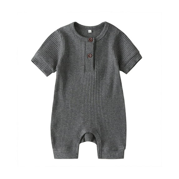 Douhoow Infant Baby Short Sleeve Jumpsuits Solid Color Knit Rib O Neck Button Cotton Romper