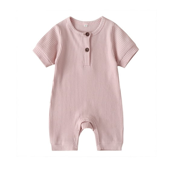 Douhoow Infant Baby Short Sleeve Jumpsuits Solid Color Knit Rib O Neck Button Cotton Romper
